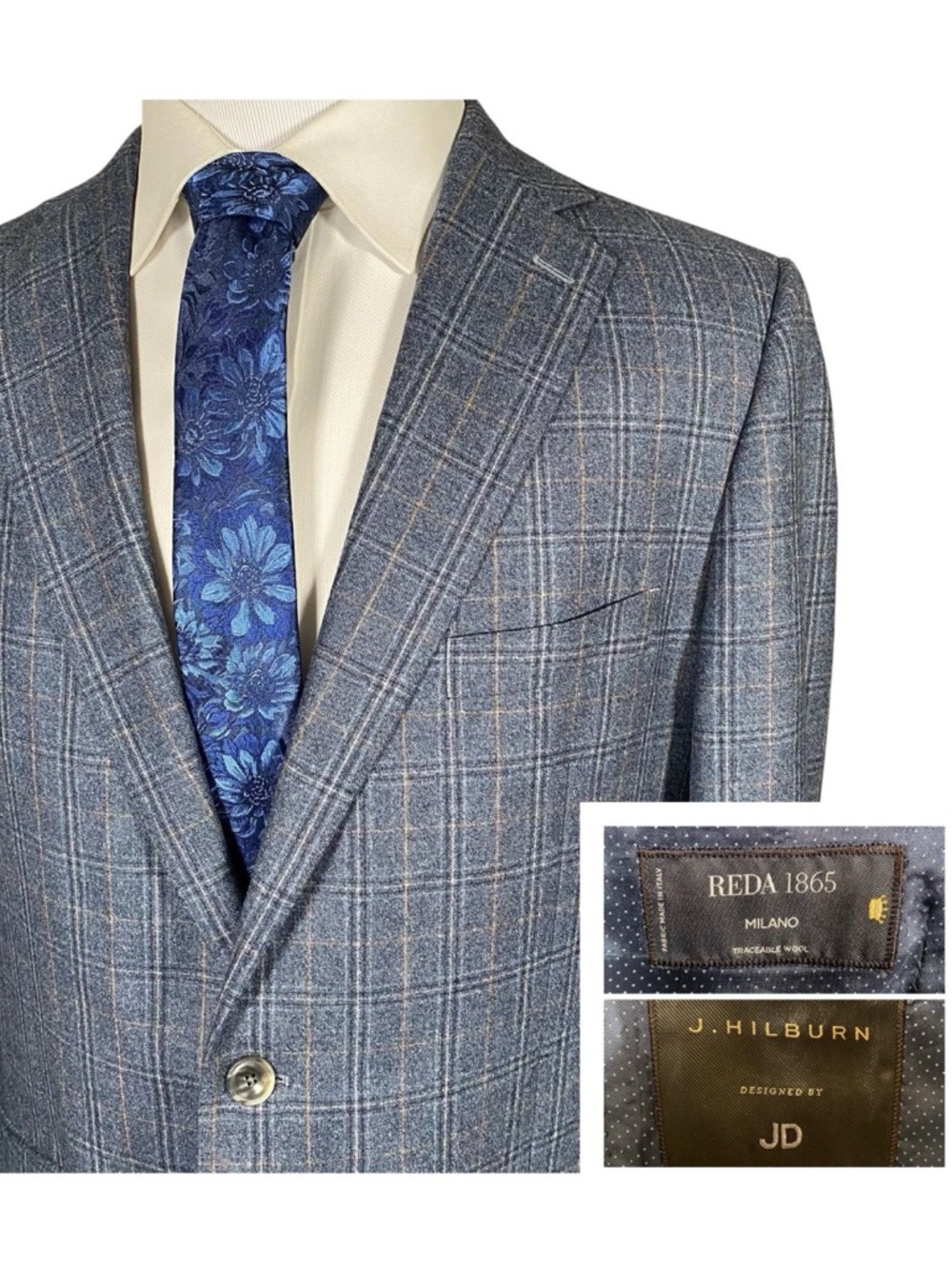 J Hilburn Reda 1865 Italian Wool Sport Coat 42S Surgeon Cuffs Blue Windowpane